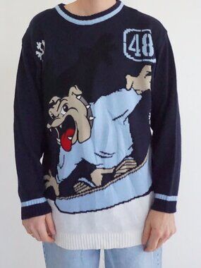 VTG 48 Blue Bulldog Snowboarding Cartoon #48 Novelty Long Sleeve Knit Sweater M